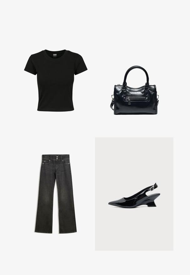 Schwarzes Kurzarm-T-Shirt aus glattem Baumwollmaterial mit rundem Halsausschnitt und taillierter Form. Keine sichtbaren Muster oder Akzente.; Schwarze Denim-Straßenhosen mit weitem Bein und einer taillierten Taille, die sichtbare Nähte, zwei Fronttaschen und silberne Beschläge an den Knöpfen aufweisen.; Schwarzer Slingback-Schuh aus Lackleder mit spitzer Spitze und niedrigem, schrägem Blockabsatz auf einfachem hellem Hintergrund.; Schwarze glänzende Lederhandtasche mit zwei Griffen, vorderer Reißverschlusstasche und abnehmbarem Schulterriemen auf weißem Hintergrund.