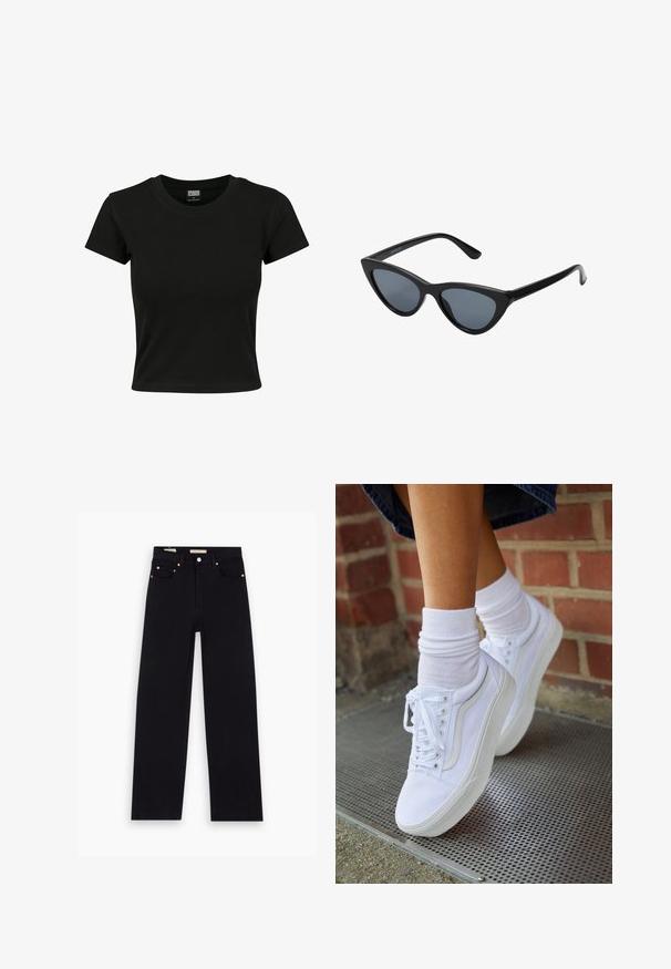 T-shirt noir à manches courtes en coton lisse, avec un col rond et une coupe ajustée. Aucun motif ou accent visible.; Jean en denim noir avec une coupe droite, cinq poches, matériel en cuivre et texture lisse. Deux étiquettes visibles sur la taille.; Baskets en toile blanches avec semelles en caoutchouc, dotées de six œillets, d'un bout rond et de détails de couture légers, portées avec des chaussettes blanches mi-mollet.; Lunettes de soleil noires en forme d'œil de chat avec des verres gris foncé, monture en plastique élégante, coins pointus et branches droites. Pas de métal visible ni d'accents.