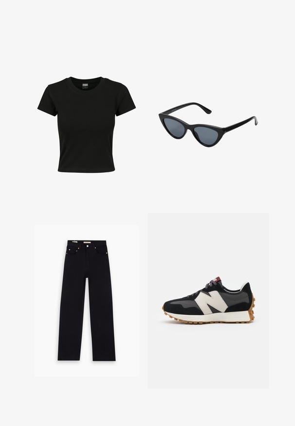 Zwarte kortekorte mouw t-shirt van gladde katoenen stof, met een ronde halslijn en een getailleerde pasvorm. Geen zichtbare patronen of accenten.; Zwarte denim jeans met een recht model, vijf zakken, koperen hardware en een gladde textuur. Twee labels zichtbaar op de tailleband.; Zwarte en grijze suède sneaker met een groot crèmekleurig "N"-logo, paarse veters en een gestructureerde rubberen zool van gum.; Zwarte cat-eye zonnebril met donkergrijze lenzen, slank plastic frame, puntige hoeken en rechte pootjes. Geen zichtbare hardware of accenten.