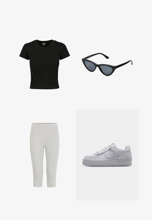 Camiseta negra de manga corta fabricada en algodón suave, con un cuello redondo y un corte ajustado. Sin patrones ni acentos visibles.; Leggings capri elásticos grises con una textura suave y una cinturilla elástica, que presentan un diseño ajustado y sin patrones ni acentos visibles.; Zapatilla Nike Air Force 1 gris con puntera perforada, parte superior de cuero suave, suela gruesa y detalle en relieve 'AIR' en el talón.; Gafas de sol negras en forma de ojo de gato con lentes gris oscuro, marco de plástico elegante, esquinas puntiagudas y patillas rectas. Sin herrajes ni acentos visibles.