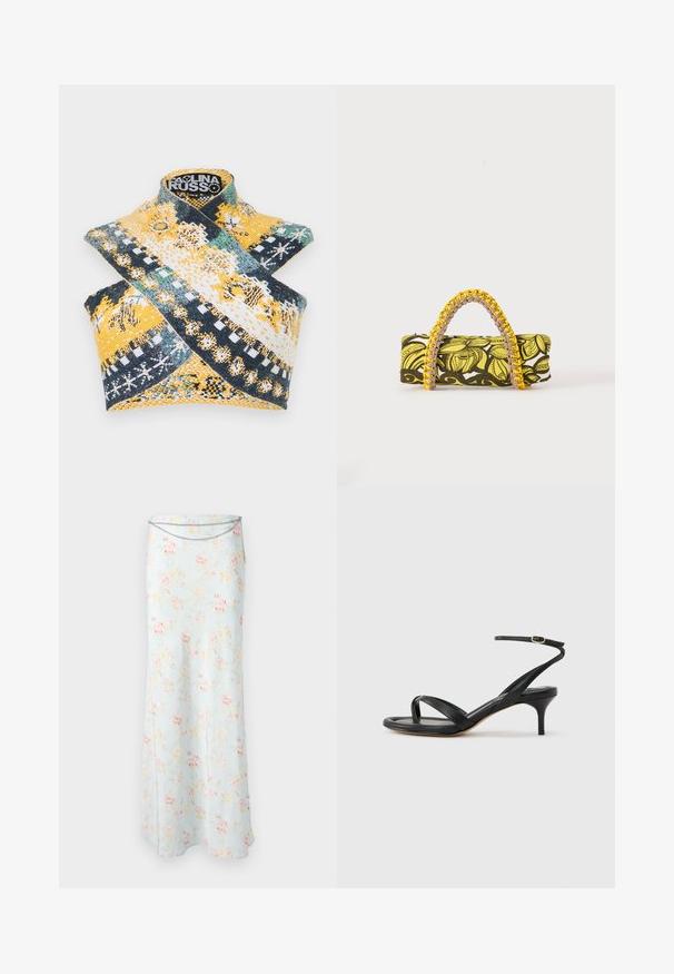 Paolina Russo WARRIOR CROSSOVER - Top - indigo; Rabanne Maxisukňa - pink/blue/green/yellow; Čierne kožené sandále pre ženy s tenkými remienkami, očkom na palec, prackou na členku a stredne vysokým ihličkovým podpätkom na neutrálom pozadí.; Obdĺžna taška so žltým a čiernym kvetinovým vzorom a pletenou žlto-ružovou rukoväťou na bielom pozadí.