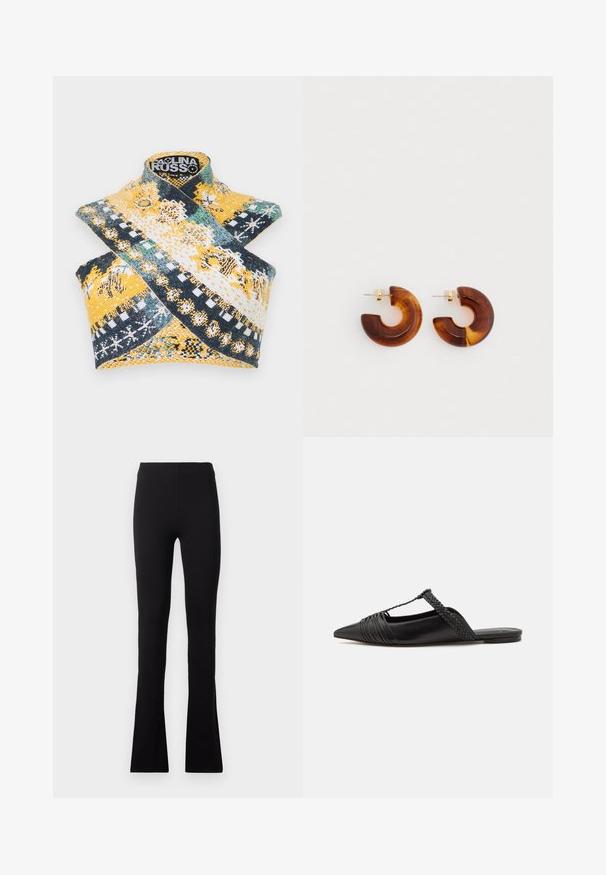 Paolina Russo WARRIOR CROSSOVER - Top - indigo; Sorte leggings med et glat, strækbart stof. Har en høj talje og et flagrende bunddesign for en tætsiddende silhuet.; Sort læderslyngeback sko med spids tå, der har en vævet detalje og en plisseret overdel. Flad sål med minimal hardware.; Brune akrylhængerør med et buet design. Guldtonet hardware. Glat overflade med en blank finish.