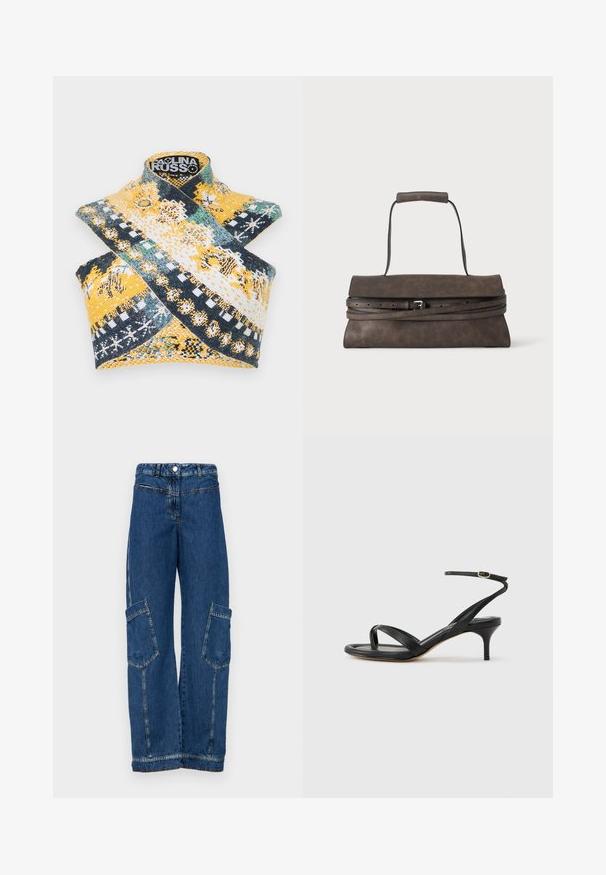 Paolina Russo WARRIOR CROSSOVER - Top - indigo; Blå denim cargo bukser med høj talje, brede ben, to store sidelommer samt traditionelle nitter og syninger.; Sort damesandal i læder med tynde remme, en tå-loop, ankelspænde og en mellemhøj stiletthæl på en neutral baggrund.; Mørkebrun læder clutch taske med et enkelt top håndtag og tyndt omviklet bælte med lille metalspænde.