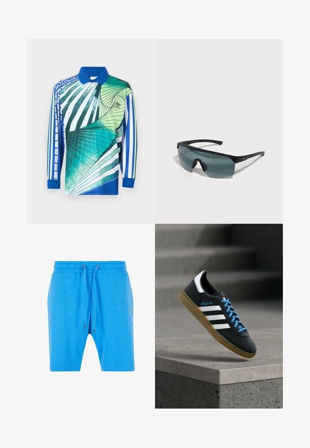 Lange mouw polo met blauwe kraag, abstracte patronen in groen, turquoise, wit en blauw met spiralen en strepen, Adidas-logo op de borst.; Blauwe katoenen shorts met een elastische tailleband, een trekkoordsluiting en subtiele grafische details aan de zijkant. Gladde textuur en ontspannen pasvorm.; Zwarte Adidas-sneaker met witte strepen, blauwe veters en een gumzool die boven een grijze betonnen trede zweeft in zacht licht.; Sportzonnebril met een zwart frame, grote grijze lenzen en een wraparound ontwerp. Beschikt over een opvallende neusbrug en textuur op de pootjes.
