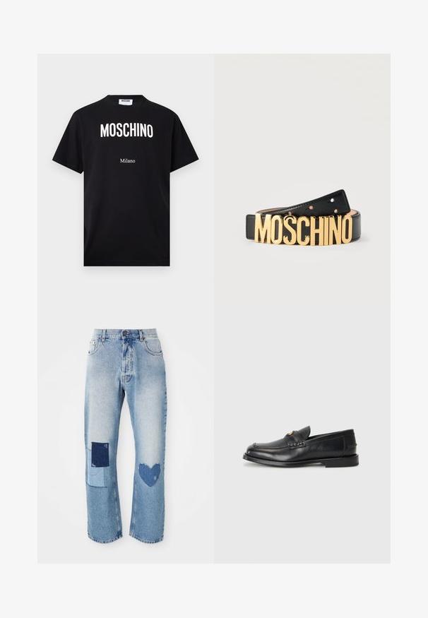 Sort bomuld t-shirt med hvid "MOSCHINO"-logo og "Milano"-tekst, korte ærmer, rund hals og lige kant. Simpelt design.; Lyseblå denim jeans med lige snit, der har to lapdetailler: et kvadrat og et hjerte, begge i mørkere denimtoner.; Sorte læder loafers har en afrundet tå, syede detaljer og en lille gylden accent foran. Sålen er flad og diskret.; Sort læderbælte med store guldbogstaver, der staver "MOSCHINO" som spænde, lagt fladt på en ensfarvet baggrund.