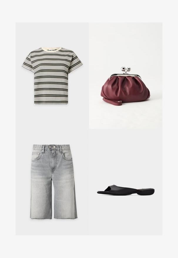 T-shirt à manches courtes col rond avec rayures horizontales alternées vert foncé et crème sur fond uni.; Short en jean gris délavé taille haute avec ourlets effilochés, poches avant, passants de ceinture, fermeture par bouton et glissière.; Sandale noir à enfiler à bout ouvert avec semelle texturée et design minimaliste, vue de côté sur un fond gris clair uni.; Petit sac pochette en cuir bordeaux avec fermoir métallique argenté et bracelet sur fond blanc.