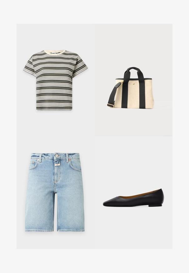 T-shirt à manches courtes col rond avec rayures horizontales alternées vert foncé et crème sur fond uni.; Short en jean bleu clair longueur genou avec bouton à l'avant, fermeture éclair, passants pour ceinture et design à cinq poches.; Chaussure plate en cuir noir à bout pointu avec talon bas et finition lisse, vue de côté sur un fond gris clair.; Sac fourre-tout en toile beige avec poignées noires, bandoulière réglable noire, fermeture éclair supérieure et petit bouton doré à l'avant.