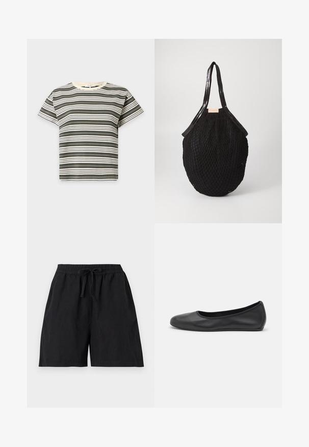 T-shirt à manches courtes col rond avec rayures horizontales alternées vert foncé et crème sur fond uni.; Short noir décontracté avec ceinture élastique et cordon à l'avant, avec poches latérales et coupe ample.; Ballerines en cuir noir avec un bout rond, texture lisse, détails de couture minimalistes et design de semelle flexible.; Sac fourre-tout noir tissé en forme ovale, avec des poignées lisses et un design texturé en filet. Étiquette visible sur le côté.