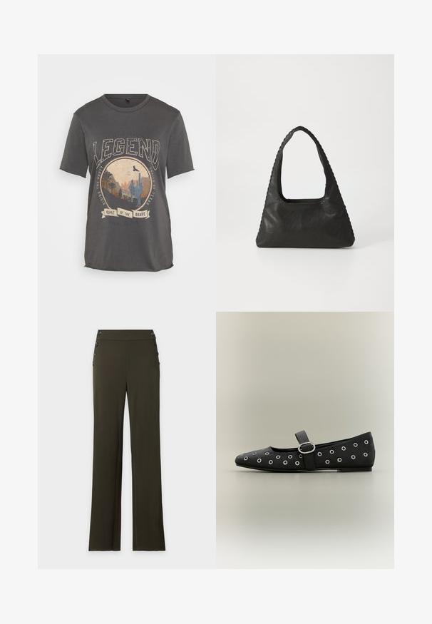 T-shirt en coton gris foncé avec un graphique circulaire représentant un cactus et une scène de montagne, avec le texte "LÉGENDE" et "MAISON DES VALEUREUX".; Pantalon vert foncé taille haute à jambes droites, avec des boutons noirs de chaque côté de la ceinture.; Chaussure Mary Jane plate noire avec des œillets argentés et une boucle argentée sur la bride, sur un fond neutre.; Sac à main en cuir noir de forme triangulaire, avec une grande poignée découpée et des coutures détaillées le long des bords. Texture lisse.