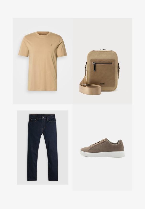 Beige katoenen t-shirt met een ronde halslijn, korte mouwen en een klein geborduurd logo op de borst. Glad textuur en standaard pasvorm.; Levi's® 510® SKINNY - Jeans Skinny Fit - dark hollow; Bruine suède sneakers met platte witte rubberen zolen, vetersluiting, ronde neus en een gladde textuur. Minimalistische stijl met subtiele stikdetails.; Kleine beige crossbodytas met een voorvak met ritssluiting, metalen ALDO-logo, verstelbare brede band en afgeronde rechthoekige vorm op een witte achtergrond.