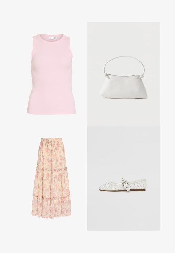 Mouwloze, geribbelde, lichtroze tanktop met ronde hals, aansluitende pasvorm en merklapje aan de binnenkant van de kraag.; Lange beige rok met roze bloemenpatroon, elastische tailleband met trekkoord en gelaagde ruches.; Witte platte schoen met een spitse neus, versierd met zilveren studs, beschikt over een gespsluiting over de wreef en een lichtbruine zool.; Witte handtas van gevlochten leer met een afgeronde handgreep en uiteinden van de band die geknoopt zijn, afgebeeld tegen een effen achtergrond.