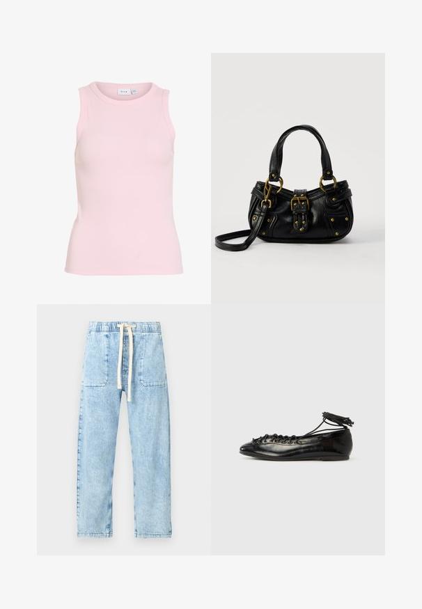 Débardeur sans manches, côtelé, rose clair, avec encolure ronde, silhouette ajustée et étiquette de marque à l'intérieur du col.; GAP Petite EASY VAN NESS - Jean baggy - light indigo; Ballerines en cuir verni noir avec un bout rond, un design à lacets et une semelle plate. Texture lisse avec peu de détails.; Sac à main en cuir noir avec boucle dorée et détails à rivets, poignées courtes et bandoulière réglable sur fond blanc uni.