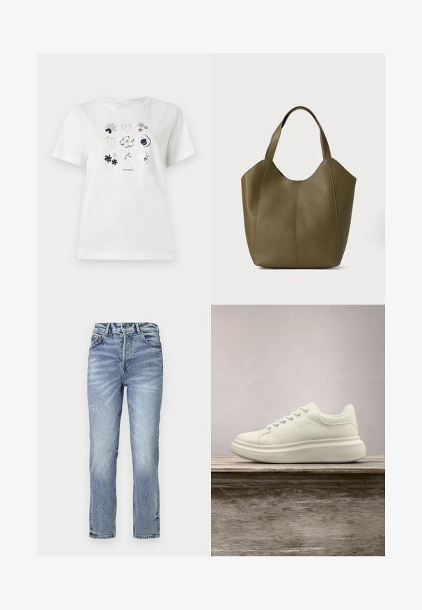 Hvid bomulds t-shirt med et trykt design af blomster og hjerter i navy og grå. Rund hals og korte ærmer, afslappet pasform.; Lyseblå denim jeans med lige pasform, høj talje, falmet tekstur og fem lommer. Har metalknap og lynlås lukning.; Hvid lædersneakers med rund tå, glat tekstur og kontrasterende snørebånd. Har ventilationshuller og en tyk gummisål for komfort.; Oliven grøn læder tote taske med dobbelte håndtag, glat tekstur og fire panel design. Forstærket syning langs sømmene for holdbarhed.