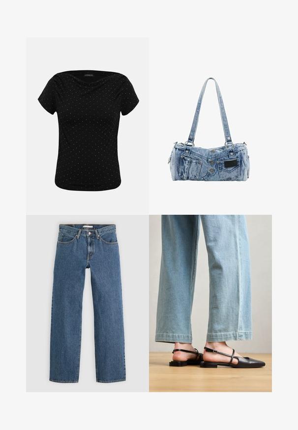 Sort kortærmet bluse med små hvide polkaprikker og en draperet halsudskæring, vist mod en ensfarvet baggrund.; Blå denim jeans med lige pasform, der har fem lommer, knaplukning og kontrastsyninger langs sømmene.; Sorte læder slingback-sko med spidse tæer, flad hæl og ankelrem; båret med lyseblå viddebenede jeans.; Lyseblå denim skuldertaske formet som jeans med lommer, knapper og dobbelte stropper, der hænger mod en hvid baggrund.