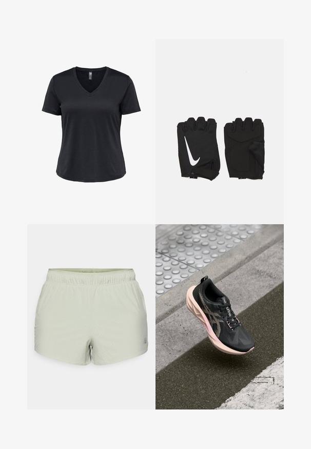 Zwart, kort mouw, V-hals T-shirt voor vrouwen met een getailleerde pasvorm en een gladde stofstructuur.; Lichtgroene sportshorts van ademend materiaal, met een geperforeerde textuur en elastische tailleband. Logo aan de zijkant gedrukt.; Zwarte hardloopschoen met een gestructureerde gebreide bovenkant, roze zool en reflecterende accenten. Beschikt over platte veters en een gevoerde kraag.; Zwarte vingerloze fitnesshandschoenen van ademend materiaal, met een wit Nike-logo, gevoerde handpalmen en een open polsontwerp voor flexibiliteit.