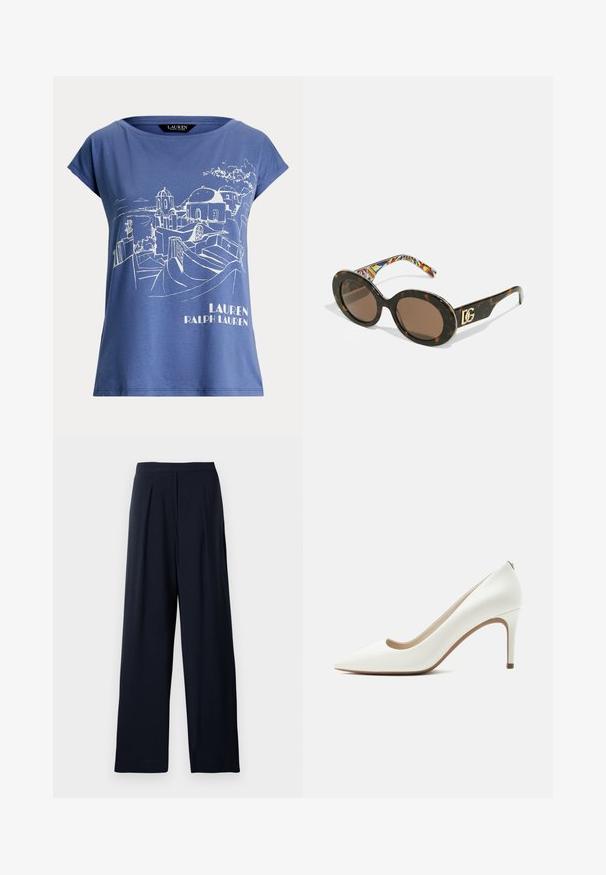 Blå bomulds t-shirt med afslappet pasform, der har et hvidt stregtegning design af et kystlandskab og teksten "LAUREN RALPH LAUREN".; Marineblå brede bukser med folder, lavet af blødt stof. Har en glat talje og et enkelt design til alsidig brug.; Hvidt læder spidst stiletto hæl med slank høj hæl og glat finish, vist fra siden på en ensartet lys baggrund.; Brune skildpaddebrune solbriller med ovale linser, der har et mønstret indre og et guld-logo accentueret på stænger.