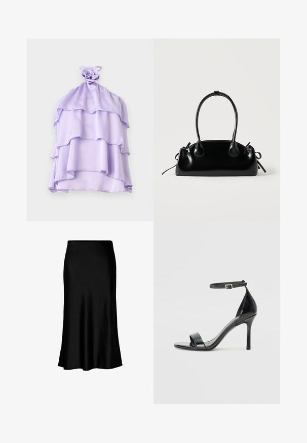 Top de color lila, con capas, hecho de un tejido ligero, con un diseño con volantes y un acento en forma de rosa en el escote. Textura suave, sin mangas.; Falda midi de satén negro con una textura suave, dobladillo acampanado y una cinturilla ajustada, que presenta un diseño simple y clásico.; Sandal de tacón alto de charol negro con punta abierta, una sola tira en la parte frontal y una correa en el tobillo ajustable.; Pequeño bolso negro brillante con dos asas largas y detalles de cordón lateral sobre un fondo claro liso.