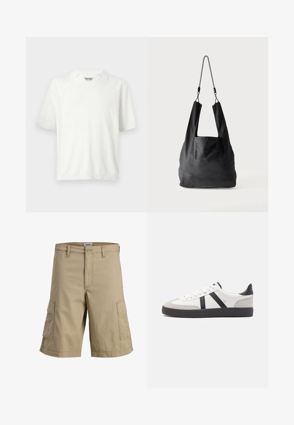 Polo en maille blanc à manches courtes avec un col souple et un col en V de la marque Only & Sons.; Short cargo beige longueur genou avec fermeture à bouton et zip devant et deux poches latérales à rabat.; Baskets blanches avec des accents noirs et gris, présentant un embout texturé gris, une semelle en caoutchouc noir et des lacets plats blancs. Design épuré, style minimaliste.; Sac fourre-tout en tissu noir doux avec de larges anses et une fine bandoulière tressée noire et blanche.