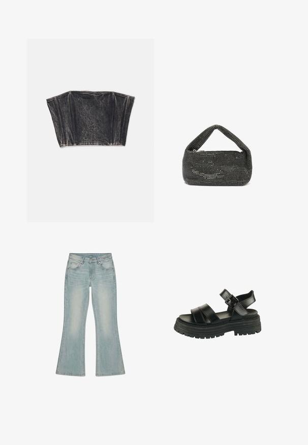Schwarzes Denim-Bustier mit strukturiertem Design, ausgestattet mit vertikalen Nähten und einer taillierten, kurzen Form. Texturierte Oberfläche mit subtilen Ausbleichungen.; Hellblaue Denim-Jeans mit leicht ausgestelltem Bein, Fronttaschen, Gürtelschlaufen und Knopfverschluss, flach auf weißem Hintergrund ausgelegt.; Schwarze Sandale mit dicker Sohle, zwei breiten Vorderriemen, Knöchelriemen und silberner Schnalle auf weißem Hintergrund.; Kleine schwarze Handtasche, bedeckt mit winzigen glänzenden Strasssteinen, mit kurzem, gepolstertem Griff und einem Reißverschluss oben.