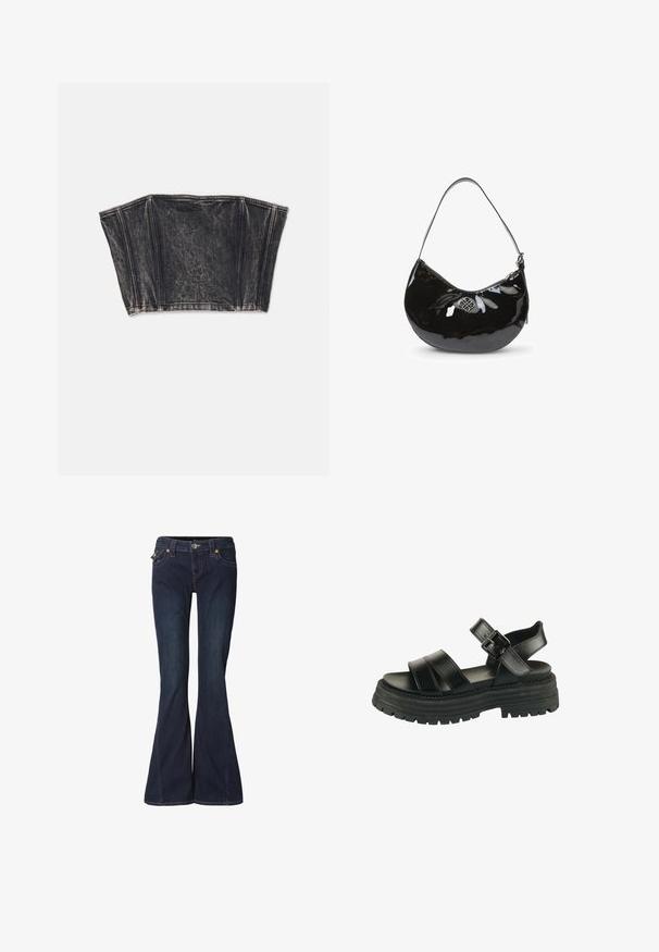 Schwarzes Denim-Bustier mit strukturiertem Design, ausgestattet mit vertikalen Nähten und einer taillierten, kurzen Form. Texturierte Oberfläche mit subtilen Ausbleichungen.; Ausgestellte dunkelblaue Jeans aus Denim mit tailliertem Bund, zwei Vordertaschen und dezenten Stickdetails. Mit Knopf- und Reißverschluss.; Schwarze Sandale mit dicker Sohle, zwei breiten Vorderriemen, Knöchelriemen und silberner Schnalle auf weißem Hintergrund.; Schwarze Handtasche aus lackiertem Leder mit gewölbter Form, einem einzelnen Schulterriemen, Reißverschluss und einem dekorativen Metalllogo. Glatte Oberfläche.