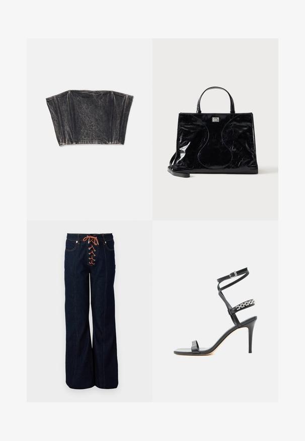 Bustier en denim noir au design structuré, avec des coutures verticales et une forme ajustée et courte. Surface texturée avec un léger dégradé.; Pantalons en denim bleu foncé taille haute avec une jambe évasée, dotés d'un devant décoratif en dentelle, de lacets orange et de coutures contrastées.; Sandale noire à talon haut avec fine bride à la cheville, bride médiane décorée de maillons de chaîne argentés, et design à bout ouvert.; Sac à main en cuir noir brillant avec poignées courtes, bandoulière amovible et détails de couture discrètement courbés à l’avant.