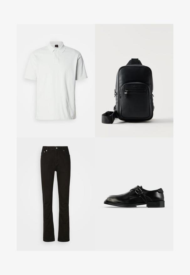 Hvid polo-shirt lavet af bomuld, med en klassisk krave, to knapper og et diskret mærkelogo broderet på forsiden. Korte ærmer.; Sorte denimjeans med lige ben-design, der har frontlommer, lynlåsgylpter og sølvfarvede hardware-detaljer. Glat tekstur, ingen mønstre.; Sort læder mokkassinsko med sølvspænde, rundet tå, lav stakket hæl og glat poleret finish.; Sort struktureret læder crossbody taske med forreste lynlåslomme, justerbar rem og diskret brandlogo på hvid baggrund.