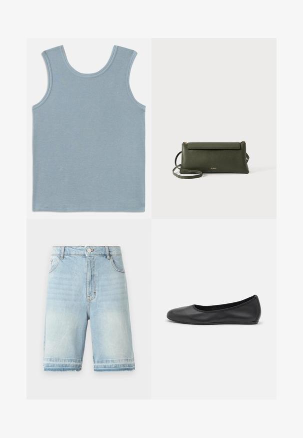 Lys blå tanktop lavet af ribbet stof. Har en rund halsudskæring og brede ærmegab. Flade sømme ved kanterne og en lige afslutning.; Lysblå denimshorts med en frynset kant, fem-lomme design og standard talje med knaplukning. Diskret falmning over det hele.; Sort læderballetsko med rund tå, glat tekstur, minimal syning og et fleksibelt såldesign.; Mørkegrøn struktureret læder crossbody taske med klaplukning og tynd justerbar rem, præget med lille guld "Bee Projects" logo.