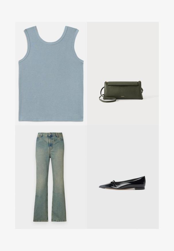 Lys blå tanktop lavet af ribbet stof. Har en rund halsudskæring og brede ærmegab. Flade sømme ved kanterne og en lige afslutning.; Lysblå denim flare jeans med høj talje, fem lommer og lynlås. Ren, falmet finish med subtile syninger.; Sorte patentlæder flade sko med spids tå, lille dekorativ rem og lav blokhæl. Glat tekstur og strømlinet design.; Mørkegrøn struktureret læder crossbody taske med klaplukning og tynd justerbar rem, præget med lille guld "Bee Projects" logo.