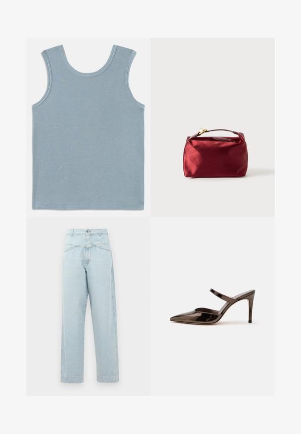 Lichtblauw tanktop van ribstof. Heeft een ronde halslijn en brede armsgaten. Platte naden aan de randen en een rechte zoom.; Lichtblauwe high-waisted jeans met een recht gesneden ontwerp, voorzien van subtiele stiksels, twee vo pockets en een metalen knoopsluiting.; G glanzende donkerbruine mule met spitsen neus en hoge hak met een smalle band over de wreef op een effen witte achtergrond.; Bordeaux satijnen cosmetica tas met een rechthoekige vorm, ritssluiting en een kort handvat. Beschikt over een minimalistisch ontwerp en een gladde textuur.