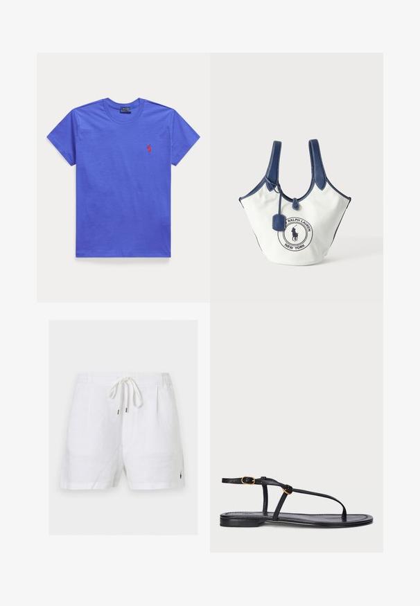Effen blauwe T-shirt met korte mouwen en een ronde hals, met een klein rood geborduurd Polo Ralph Lauren-logo op de linkerborst.; Witte linnen shorts met elastische tailleband en voorstrik, getailleerde pasvorm, met klein geborduurd logo nabij de zoom.; Zwarte platte sandaal met een minimalistisch ontwerp. Beschikt over dunne banden, een teenpost, gouden hardware-accenten en een gladde, textuurachtige zool.; Witte canvas-tas met marineblauwe handgrepen en bies, met een Ralph Lauren logo-patch aan de voorkant en een klein hangend label.