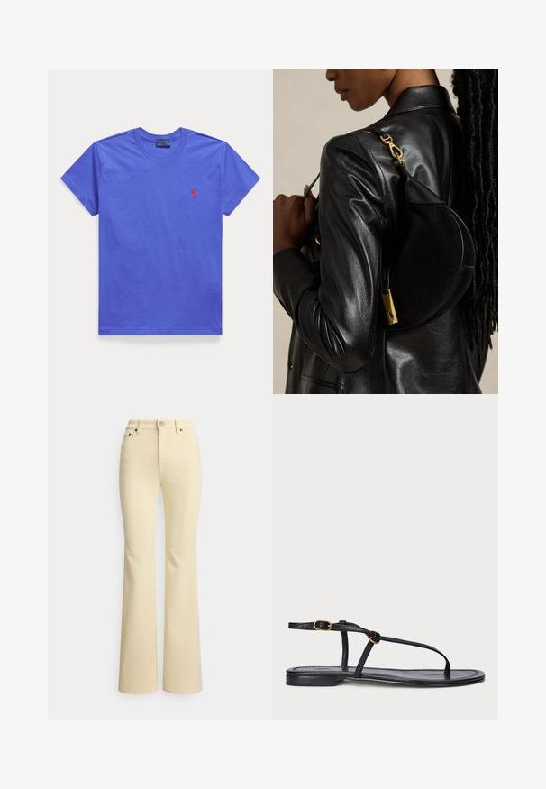 Camiseta azul lisa de manga corta y cuello redondo con un pequeño logo bordado en rojo de Polo Ralph Lauren en el pecho izquierdo.; Vaqueros acampanados amarillos de algodón, con cintura alta, cremallera con cierre de botón y diseño tradicional de cinco bolsillos.; Sandalia plana negra con un diseño minimalista. Presenta tiras delgadas, un separador de dedos, acentos de hardware dorado y una suela suave y texturizada.; Persona con chaqueta de cuero negra lleva un bolso negro en forma de media luna con cierre dorado colgado del hombro sobre fondo liso.