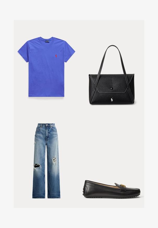 Einfarbiges blaues T-Shirt mit kurzen Ärmeln und Rundhalsausschnitt mit kleinem rot besticktem Polo Ralph Lauren-Logo auf der linken Brust.; Weitbeinige blaue Jeans aus Denim mit aufgerissenen Knien, hoher Taille, Knopfverschluss und klassischem Fünf-Taschen-Design.; Schwarzer Lederloafer mit goldener Schnallendetailierung und gummierter, genoppter Sohle, seitlich auf weißem Hintergrund dargestellt.; Schwarze, strukturierte Lederhandtasche mit einzelner Knopfklappe, zwei Schulterriemen, weißen Nähten und kleinem weißen Pferdelogo vorne.