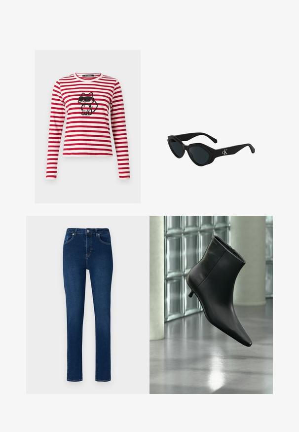 Langærmet hvid skjorte med horisontale røde striber og en sort tegneserie-fox med solbriller i midten foran.; Mørkeblå denim jeans med slim fit. Funktioner inkluderer en knappet talje, fem lommer og minimale syninger.; Sort læderankelstøvle med spids tå og lav kitten-hæ, vist vinklet mod en poleret gulv- og glasblokvæg.; Sorte katteøje solbriller med en glat finish, mørke linser og et "cK"-logo på stangen. Vinklet design og tykke stel.
