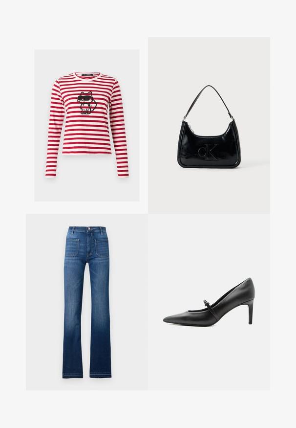 Langærmet hvid skjorte med horisontale røde striber og en sort tegneserie-fox med solbriller i midten foran.; Blå denim flared jeans med fem lomme-design, knaplukning og synlige sømme langs sømmene, med en let falmet finish.; Sort læderspids højhælede sko med tynd rem og spænde over vristen, stående på en neutral lys baggrund.; Sort patentlæder håndtaske med et buet topgreb, lynlåsslukning og prægede "cK" logo på fronten. Glat tekstur, struktureret form.