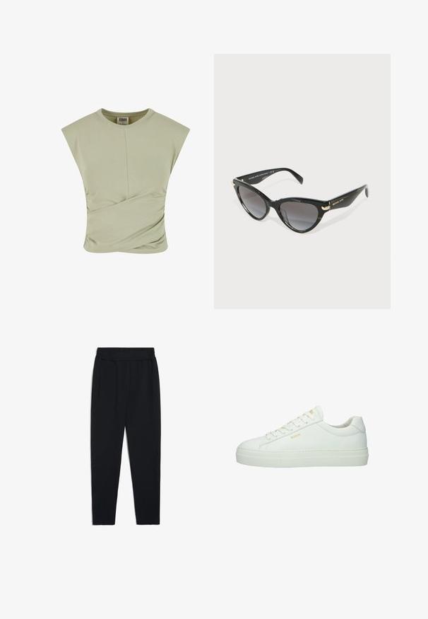 Helles grünes, tailliertes Oberteil mit Rundhalsausschnitt, winkelförmigen Ärmeln und verdrehtem Stoffdetail an der Taille. Weiches, dehnbares Jersey-Material.; Schwarze Jogginghosen aus weichem Stoff, mit einem dehnbaren Bund, Seitentaschen und schmalen Beinen für eine taillierte Optik.; Weiße Ledersneaker mit glatter Textur, abgerundeter Spitze, flacher Sohle und minimalistischem Design. Mit runden Schnürsenkeln und dezentem Branding.; Schwarze Cat-Eye-Sonnenbrille von Michael Kors mit Verlaufsgläsern in dunkler Farbe und goldenen Logoakzenten an den Schläfen auf einem weißen Hintergrund.