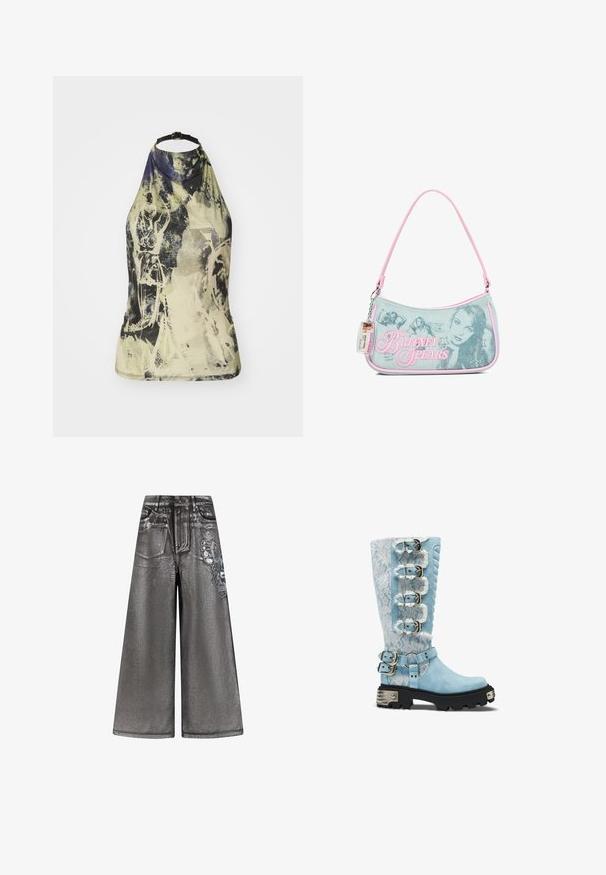 Halter-neck top in a light, abstract print with green, yellow, and blue hues. Features a black adjustable strap and a fitted design.; Wide-leg gray denim jeans with a skull and floral graphic on the right thigh and standard front pockets and button closure.; Tall light blue boot with white lace overlay, four side buckles, two ankle straps, quilted panel, and chunky black sole with silver accents.; Small denim handbag with pink trim featuring black and white Britney Spears photos, rhinestone star designs, and a plastic ID tag attached.