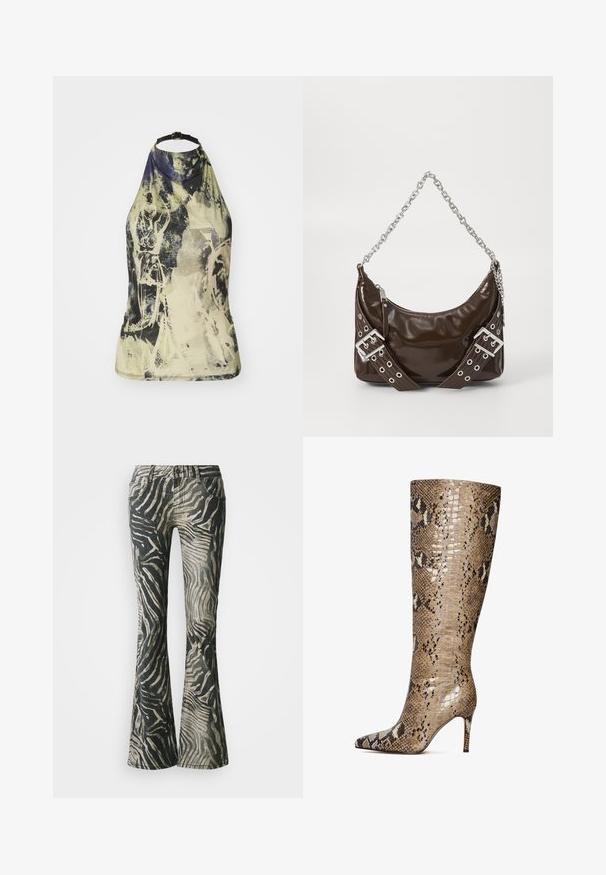 Halter-neck top i et lyst, abstrakt print med grønne, gule og blå nuancer. Har en sort justerbar strop og et tætsiddende design.; Bredde jeans i et sort og beige zebra mønster, fremstillet af denim materiale, med fem-lomme design og synlige syninger.; Knæhøje stiletto støvler lavet af blankt læder med slangeskinds mønster i beige, brun og creme farver, med spidse tæer og 3-tommer hæl.; Mørkebrunt patentlæder håndtaske med sølv kæderekke, dekorerede dobbelte spænder og lynlås lukning.