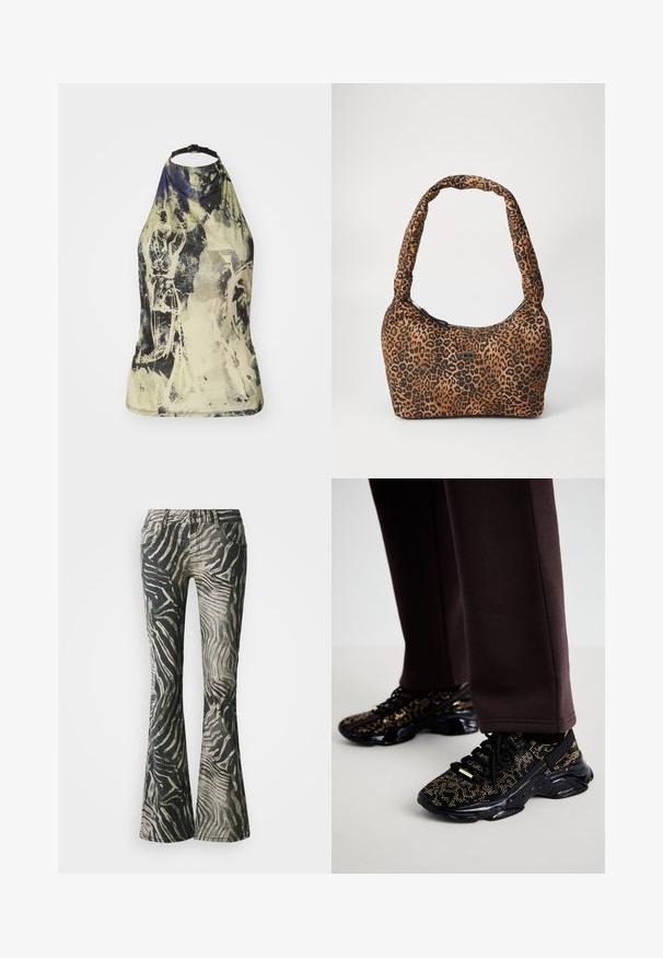 Halter-neck top i et lyst, abstrakt print med grønne, gule og blå nuancer. Har en sort justerbar strop og et tætsiddende design.; Bredde jeans i et sort og beige zebra mønster, fremstillet af denim materiale, med fem-lomme design og synlige syninger.; Sorte sneakers med guldprikker, struktureret overflade og en kraftig sort sål. Parret med brune sweatpants, der viser et tætsiddende design.; Leopardmønstret håndtaske i brunt og sort stof med en rund form, blød tekstur og en tyk, polstret skulderrem. Detalje med lynlås lukning.