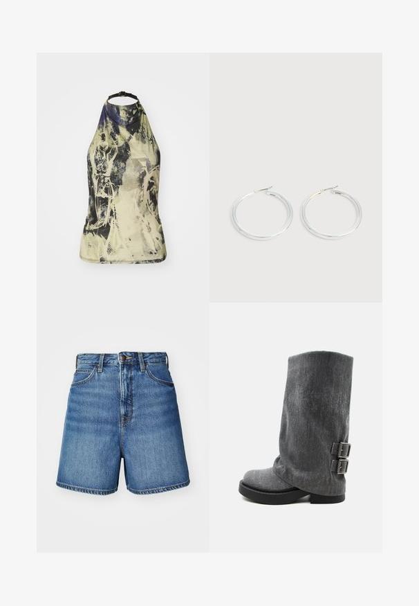 Haut à col halter dans un imprimé abstrait léger aux teintes vertes, jaunes et bleues. Doté d'une sangle noire ajustable et d'une coupe ajustée.; Shorts en denim de couleur bleu clair avec une coupe classique, présentant des poches avant, un zip et des détails de couture au niveau de l'ourlet.; Botte grise molle mi-mollet avec semelle noire et deux boucles latérales ajustables, vue de profil sur fond blanc.; Paire de boucles d'oreilles créoles argentées brillantes avec fermoirs en fil fin, présentée sur un fond gris clair.