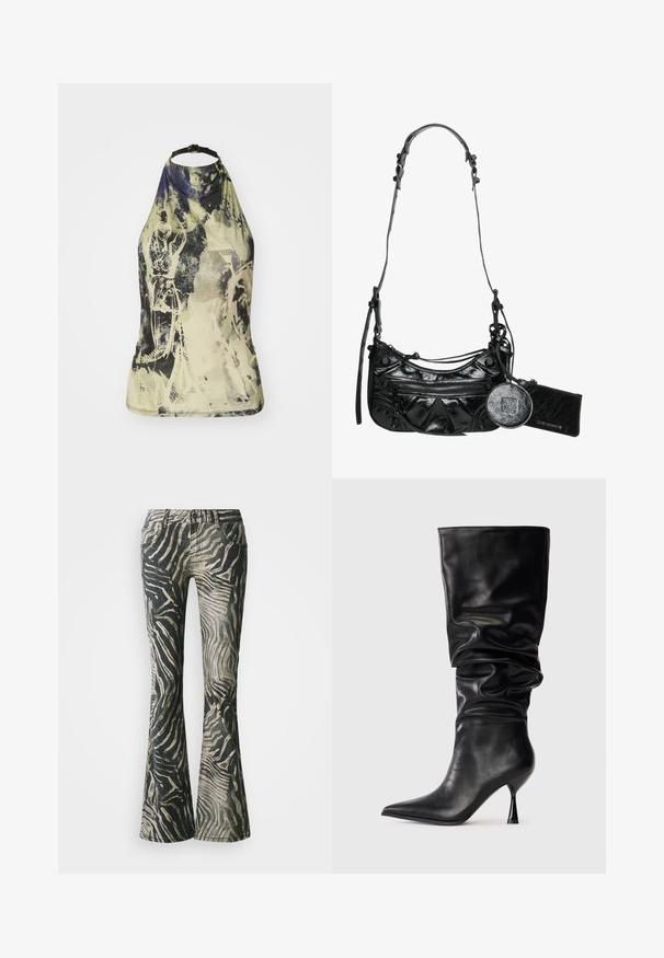 Halter-neck top i et lyst, abstrakt print med grønne, gule og blå nuancer. Har en sort justerbar strop og et tætsiddende design.; Bredde jeans i et sort og beige zebra mønster, fremstillet af denim materiale, med fem-lomme design og synlige syninger.; Sorte læderknehøje støvler med en slouchy design, spidse tæer og en tynd stiletto hæl, med en glat tekstur og minimal udsmykning.; Sort syntetisk læder håndtaske med en buet design, lynlåslomme foran og dekorativ hardware med en aftagelig rund møntpung.