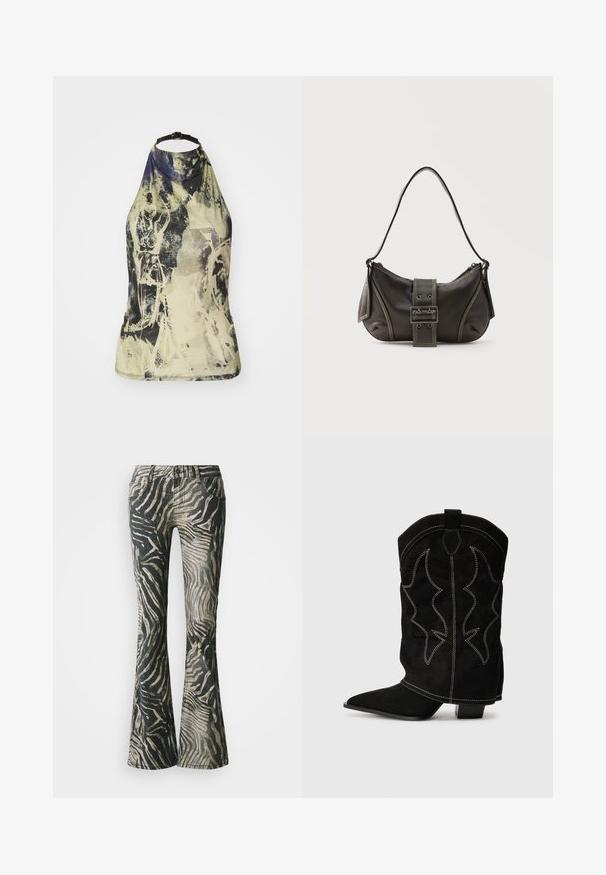 Halter-neck top i et lyst, abstrakt print med grønne, gule og blå nuancer. Har en sort justerbar strop og et tætsiddende design.; Bredde jeans i et sort og beige zebra mønster, fremstillet af denim materiale, med fem-lomme design og synlige syninger.; Sort ruskind cowboystøvle med spidse tæer, lav hæl og dekorativ hvid syning, der har et flammeagtigt mønster på skaftet.; Sort læder skuldertaske med spænde på remmen, afrundede kanter og kontrasterende hvide syninger på en ensfarvet baggrund.