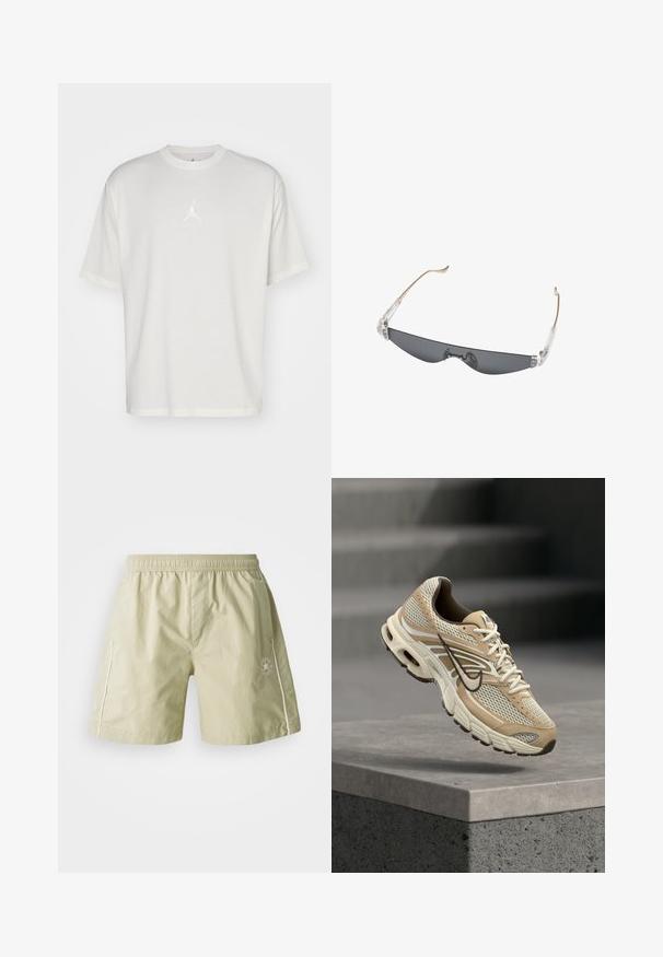 T-shirt en coton blanc avec un col rond, des manches courtes et un petit logo brodé au centre. Design ajusté avec des coutures minimales.; Shorts vert clair en tissu lisse avec une taille élastique, des poches latérales, des accents blancs et un logo sur la jambe gauche.; Chaussure de running Nike beige et blanche avec panneaux en mesh et swoosh noir, flottant au-dessus d'un rebord en béton avec des escaliers flous en arrière-plan.; Lunettes de soleil fines et rectangulaires à verres teintés foncés, charnières en plastique transparent et branches fines beige courbées aux extrémités.