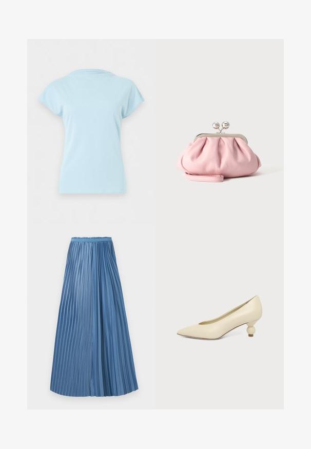 T-shirt bleu clair à manches courtes et col rond, présenté à plat sans logos ni motifs visibles sur un fond blanc uni.; Jupe plissée bleu longueur cheville avec des plis de largeurs inégales et une ceinture ajustée sur fond blanc.; Chaussure femme couleur crème à bout pointu avec un petit talon rond en forme de boule, sur fond uni.; Petit sac pochette doux rose avec cadre métallique argenté et fermoir rond, reposant sur une surface plate et claire avec une bride de poignet repliée devant.