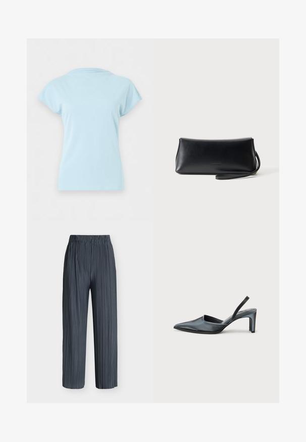 T-shirt bleu clair à manches courtes et col rond, présenté à plat sans logos ni motifs visibles sur un fond blanc uni.; Pantalon gris foncé à jambes larges avec plis verticaux et taille élastique, présenté sur un fond blanc uni.; Escarpin noir à bride arrière avec un bout pointu, une finition satinée élégante et un talon fin de 7,5 cm. Design latéral ouvert avec des détails de couture minimalistes.; Pochette en cuir noir lisse avec une fine lanière de poignet, forme rectangulaire, et logo embossé subtil centré sur le devant.