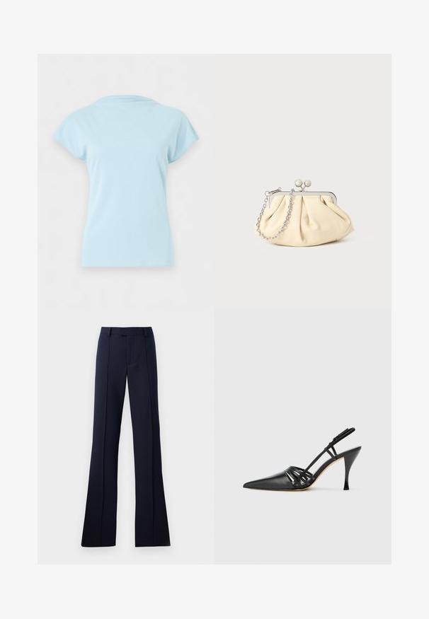 Camiseta de manga corta y cuello redondo de color azul claro, mostrada plana sin logotipos ni patrones visibles sobre un fondo blanco liso.; Pantalones acampanados de color azul marino, confeccionados con una tela suave. Cuentan con un frente plano, pasadores para cinturón y pliegues planchados. Sin patrones o acentos visibles.; Zapato de tacón alto de charol negro con punta afilada, diseño de tiras entrecruzadas y tacón de aguja delgado. Textura suave y acentos mínimos.; Clutch de cuero beige plisado con un marco de metal plateado, que cuenta con dos broches decorativos redondos y una correa de cadena plateada.