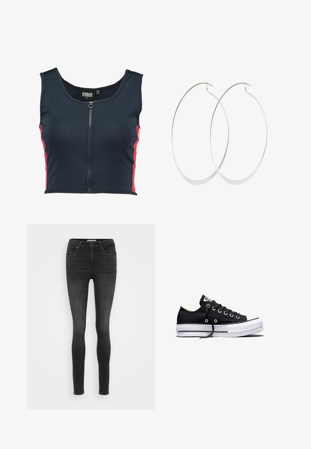 Marineblå cropped tanktop med en frontlynlås, der har røde og hvide side-striber. Fremstillet af glat og strækbart materiale. Urban Classics mærke tydeligt synligt.; Slim-fit sorte denim jeans med mellemhøj talje, fem-lomme design og let falmning for struktur. Glat, strækbart stof for komfort.; Sort lavt sneakers i lærred med hvid sål i gummi, sorte snørebånd og metaløjer på hvid baggrund.; Sølv hoops øreringe med et tyndt, glat design; langstrakt oval form; poleret finish; har en sikker krog lukning.