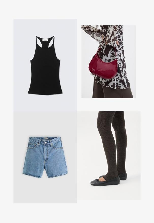 Sort ærmeløs racerback-top med "WEEKDAY" label på øvre ryg, vist på en lys grå baggrund.; Lyseblå cowboyshorts med forreste knap og lynlås, bæltestropper og fem-lommer design mod en ensfarvet baggrund.; Ben iført mørke ribbede leggings kombineret med sorte balletsko med små sløjfedetaljer på hvid baggrund.; Kvinde iført en sort- og hvidmønstret bluse, der holder en blank rød skuldertaske mod en ensfarvet baggrund.