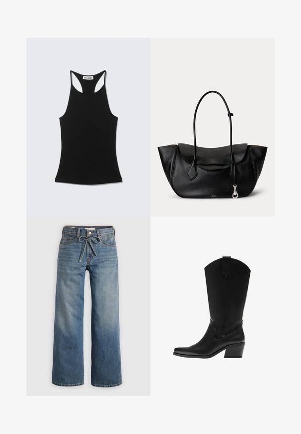 Zwarte mouwloze racerback tanktop met "WEEKDAY" label op de bovenrug, getoond tegen een lichtgrijze achtergrond.; Lichtblauwe wijdlopende spijkerbroek van denim, met een trekkoord in de taille, twee voorzakken en subtiele vervaging voor textuur.; Zwarte leren westernlaars tot halverwege de kuit met een puntige neus en gestapelde blokhak, voorzien van een aantreklus en subtiele decoratieve stiksels.; Zwarte leren handtas met gebogen bovenhandvatten, zijvleugels, voorklepdetail en een kleine zilveren sluiting hangend aan één handvat.
