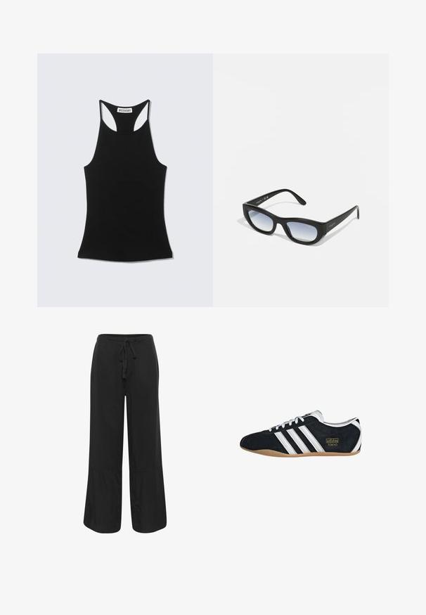 Camiseta sin mangas negra con espalda de corredor y etiqueta "WEEKDAY" en la parte superior de la espalda, mostrada sobre un fondo gris claro.; Culture CUNAVI CLARINA - Pantalones - black; Zapatillas de ante negro con tres franjas blancas, logotipo dorado y suela de goma marrón. Presentan un diseño de cordones de perfil bajo.; Gafas de sol negras con un marco robusto, forma rectangular y lentes degradados. Presentan el nombre de la marca "vogue" en la patilla.