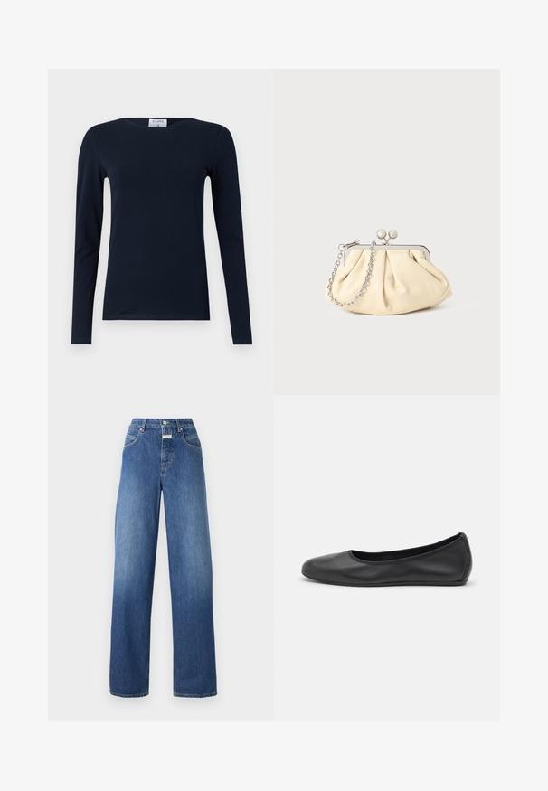Marineblauwe longsleeve T-shirt, gemaakt van zachte katoen. Kenmerkt zich door een ronde hals, slim fit en een regulier boord zonder zichtbare patronen of accenten.; Blauwe spijkerbroek met wijde pijpen en hoge taille, voorzien van twee voorzakken, een knoopsluiting en een lichte kleurvervaging.; Zwarte leren ballerina met een ronde neus, gladde textuur, minimale stikdetails en een flexibele zoolontwerp.; Geplooide beige leren clutch met een zilveren metalen frame, voorzien van twee ronde decoratieve sluitingen en een zilveren kettingriem.